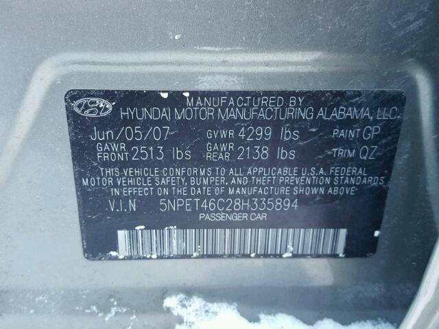 5NPET46C28H335894 - 2008 HYUNDAI SONATA GLS GRAY photo 10