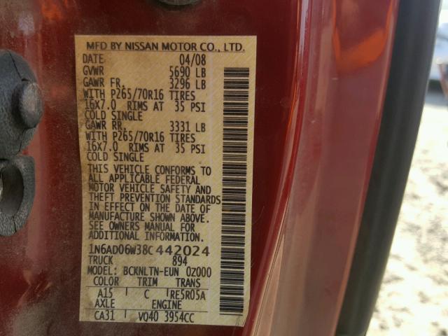 1N6AD06W38C442024 - 2008 NISSAN FRONTIER K RED photo 10