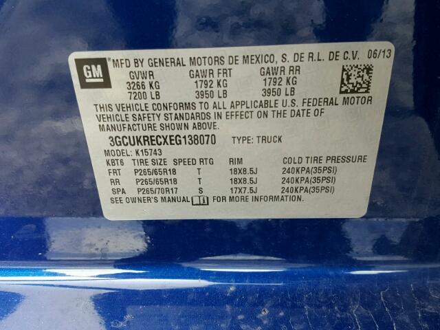 3GCUKRECXEG138070 - 2014 CHEVROLET SILVERADO BLUE photo 10