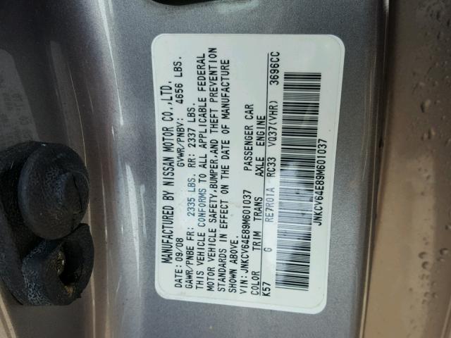 JNKCV64E89M601037 - 2009 INFINITI G37 BASE GRAY photo 10