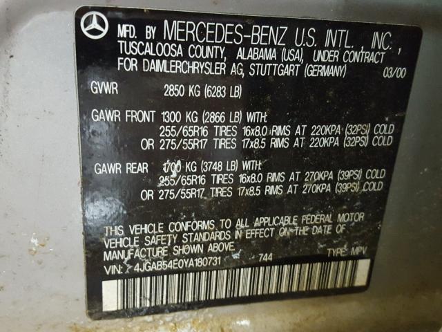 4JGAB54E0YA180731 - 2000 MERCEDES-BENZ ML 320 SILVER photo 10