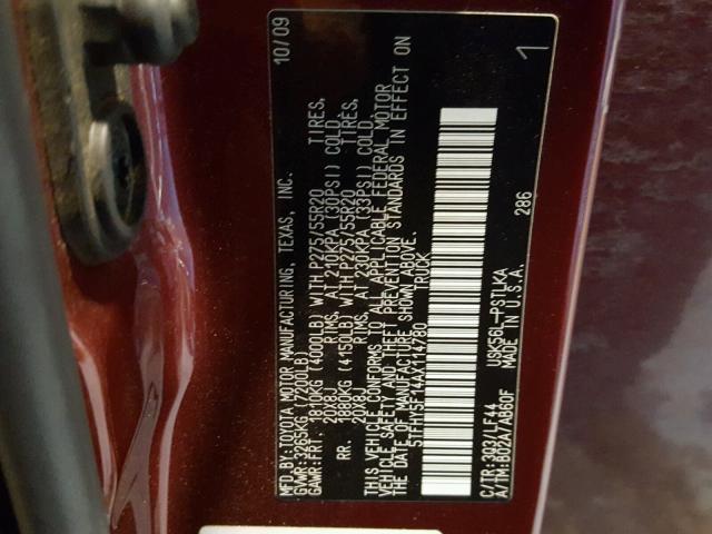 5TFHY5F14AX114780 - 2010 TOYOTA TUNDRA CRE BURGUNDY photo 10