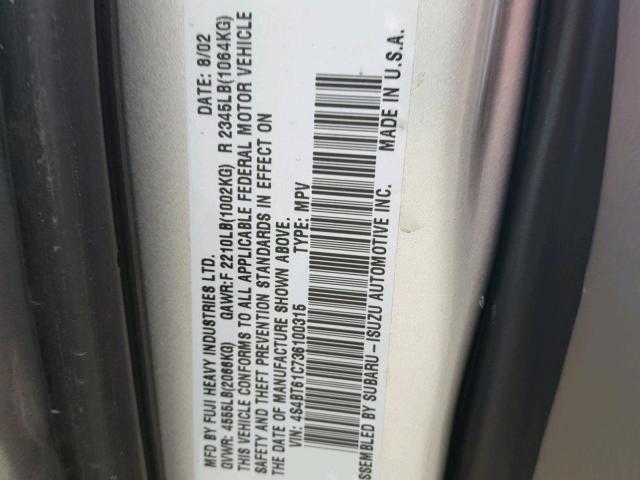 4S4BT61C736100315 - 2003 SUBARU BAJA SILVER photo 10