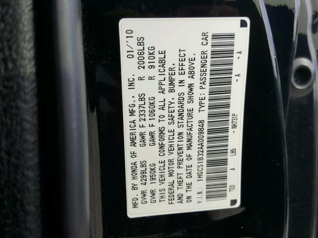 1HGCS1B32AA009848 - 2010 HONDA ACCORD LX BLACK photo 10