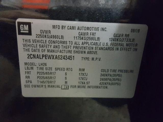 2CNALPEWXA6243451 - 2010 CHEVROLET EQUINOX LT BLACK photo 10