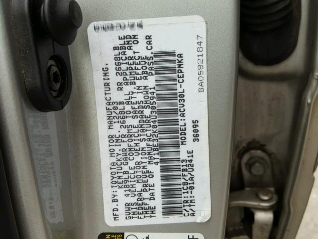 4T1BE32K04U305941 - 2004 TOYOTA CAMRY LE SILVER photo 10