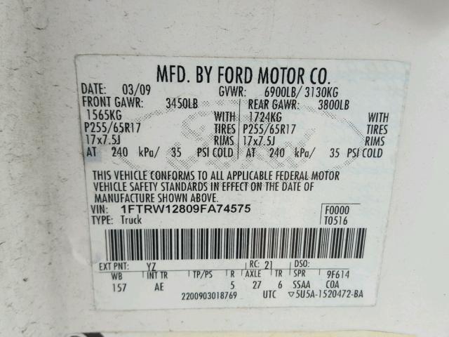 1FTRW12809FA74575 - 2009 FORD F150 SUPER WHITE photo 10