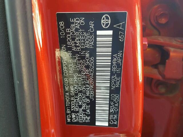 JTDBT903994052506 - 2009 TOYOTA YARIS RED photo 10