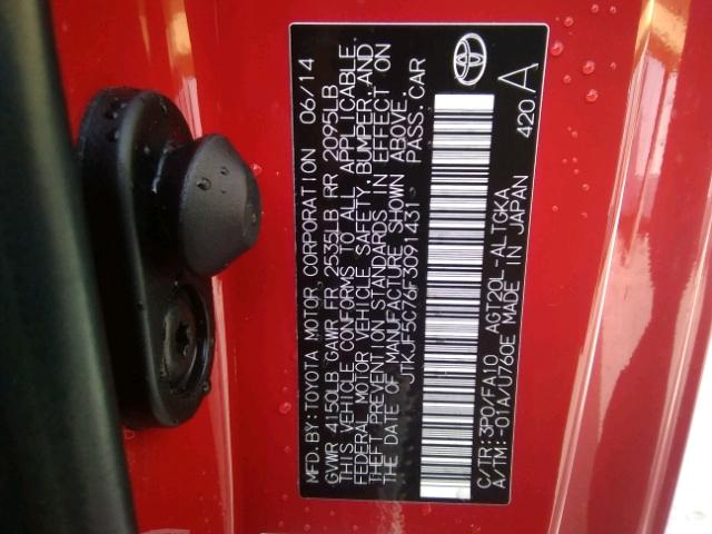 JTKJF5C76F3091431 - 2015 TOYOTA SCION TC 红色 照片 10