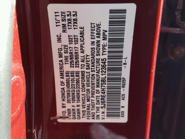 5J6RE4H75BL123645 - 2011 HONDA CR-V EXL RED photo 10