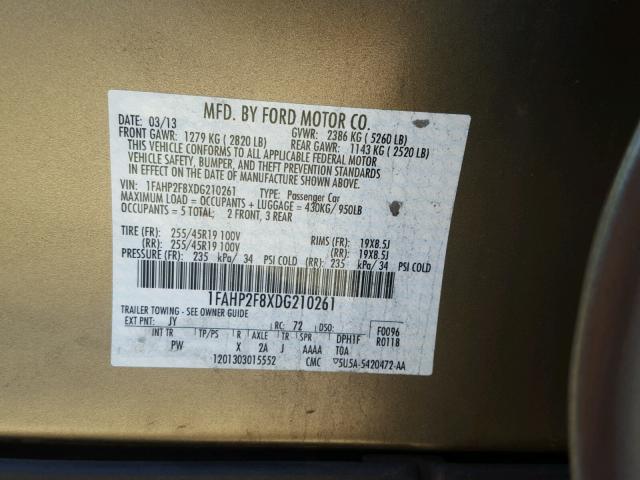 1FAHP2F8XDG210261 - 2013 FORD TAURUS LIM SILVER photo 10