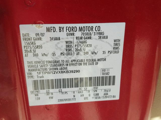 1FTPW12VX8KB39290 - 2008 FORD F150 SUPER RED photo 10