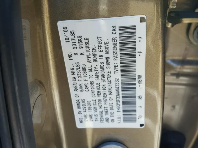 1HGCP2F33AA043332 - 2010 HONDA ACCORD LX GOLD photo 10