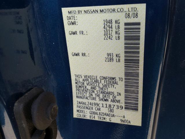 1N4AL24E99C118739 - 2009 NISSAN ALTIMA 2.5 BLUE photo 10