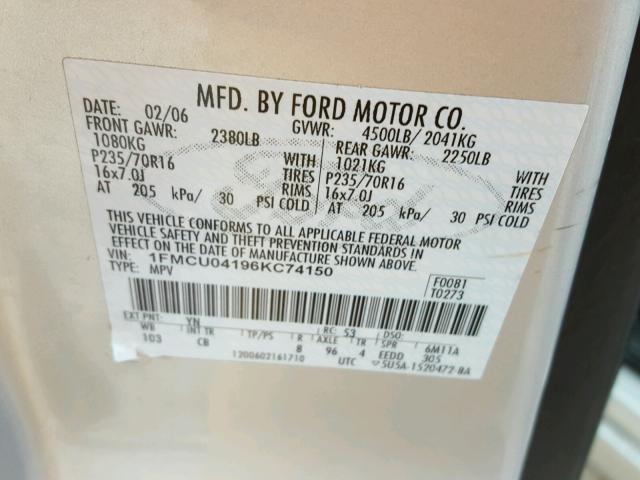 1FMCU04196KC74150 - 2006 FORD ESCAPE LIM SILVER photo 10