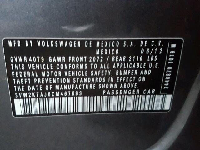 3VW2K7AJ6CM467683 - 2012 VOLKSWAGEN JETTA BASE 灰色 照片 10