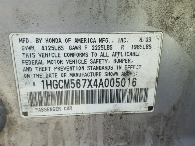 1HGCM567X4A005016 - 2004 HONDA ACCORD EX SILVER photo 10