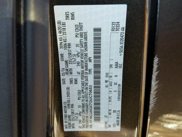 1FMCU0GX7GUC70653 - 2016 FORD ESCAPE SE GRAY photo 10