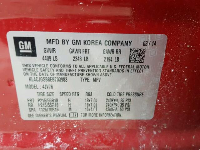 KL4CJGSB8EB703983 - 2014 BUICK ENCORE RED photo 10