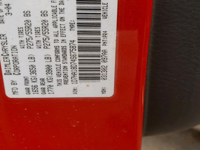 1D7HA18D74S675874 - 2004 DODGE RAM 1500 S RED photo 10