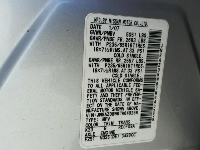 JN8AZ08W67W640258 - 2007 NISSAN MURANO SL SILVER photo 10