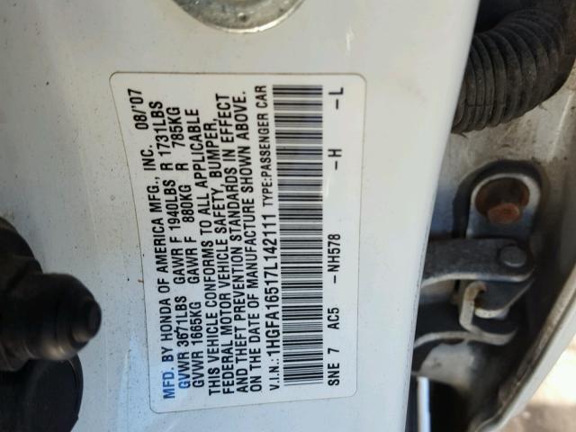 1HGFA16517L142111 - 2007 HONDA CIVIC LX WHITE photo 10