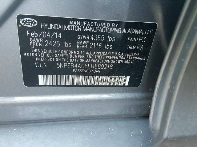 5NPEB4AC6EH889218 - 2014 HYUNDAI SONATA GLS SILVER photo 10