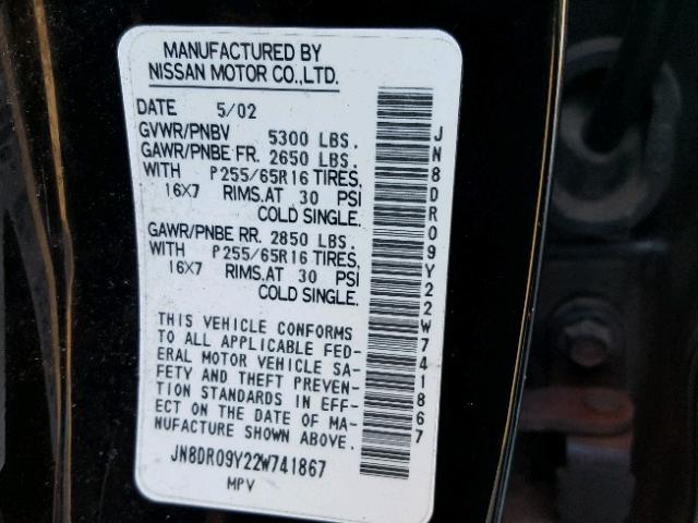 JN8DR09Y22W741867 - 2002 NISSAN PATHFINDER BLACK photo 10