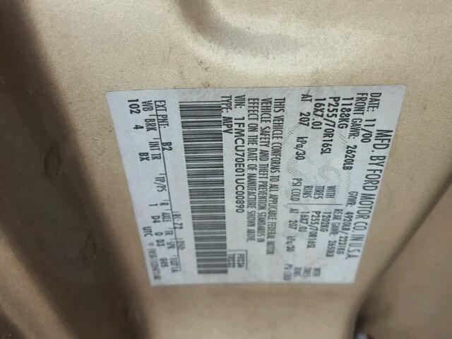 1FMCU70E01UC00890 - 2001 FORD EXPLORER S GOLD photo 10