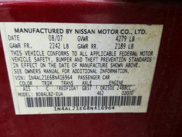 1N4AL21E68N416964 - 2008 NISSAN ALTIMA 2.5 BURGUNDY photo 10