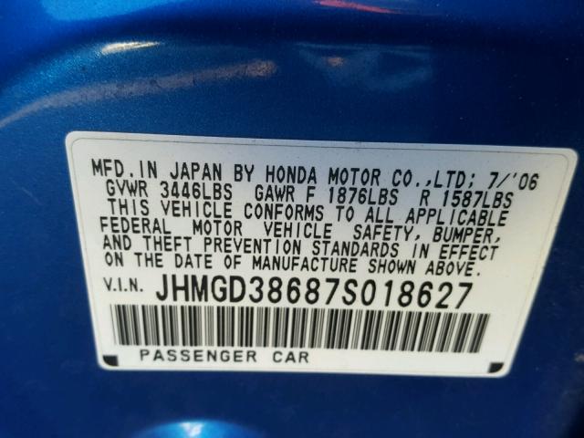 JHMGD38687S018627 - 2007 HONDA FIT S BLUE photo 10