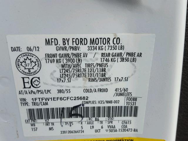 1FTFW1EF6CFC25682 - 2012 FORD F150 SUPER WHITE photo 10