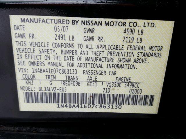 1N4BA41E07C863130 - 2007 NISSAN MAXIMA SE BLACK photo 10