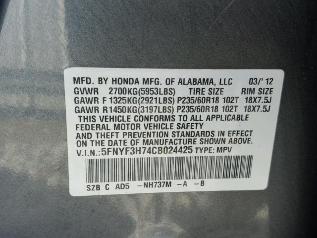 5FNYF3H74CB024425 - 2012 HONDA PILOT EXLN GRAY photo 10