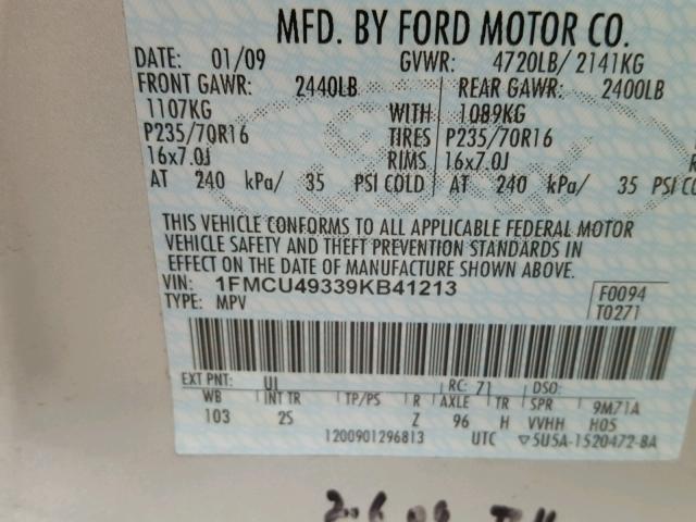 1FMCU49339KB41213 - 2009 FORD ESCAPE HYB SILVER photo 10