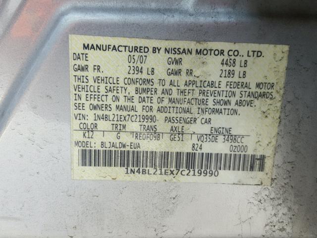 1N4BL21EX7C219990 - 2007 NISSAN ALTIMA 3.5 SILVER photo 10