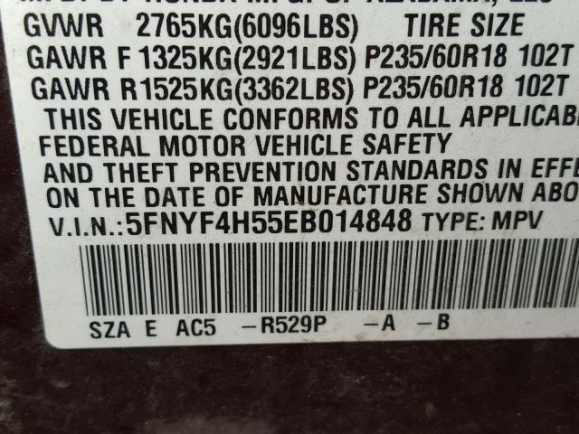 5FNYF4H55EB014848 - 2014 HONDA PILOT EXL PURPLE photo 10