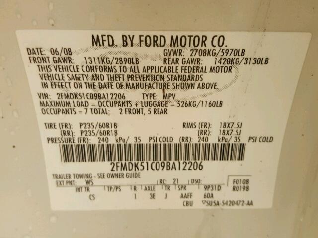 2FMDK51C09BA12206 - 2009 FORD FLEX SE WHITE photo 10