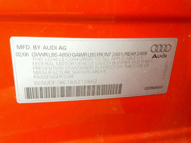 WAUDF78E76A212662 - 2006 AUDI A4 2.0T QU RED photo 10