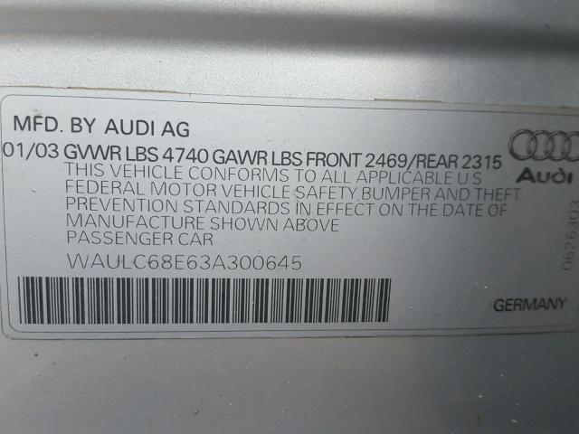 WAULC68E63A300645 - 2003 AUDI A4 1.8T QU SILVER photo 10