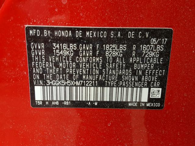 3HGGK5H5XHM712211 - 2017 HONDA FIT LX أحمر صورة 10