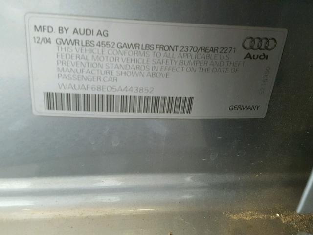 WAUAF68E05A443852 - 2005 AUDI A4 2.0T SILVER photo 10