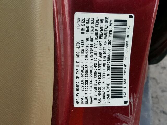 SHSRD78866U411307 - 2006 HONDA CR-V EX MAROON photo 10