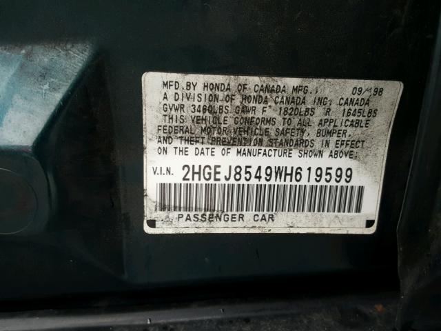 2HGEJ8549WH619599 - 1998 HONDA CIVIC EX 绿色 照片 10