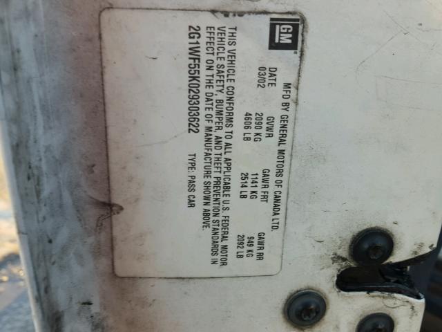 2G1WF55K029303622 - 2002 CHEVROLET IMPALA 白色 照片 10