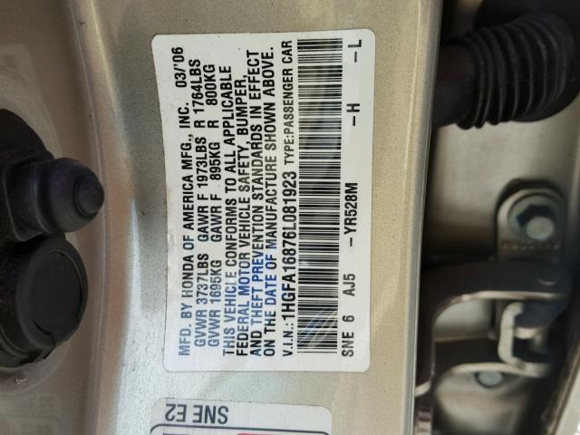 1HGFA16876L081923 - 2006 HONDA CIVIC EX BEIGE photo 10