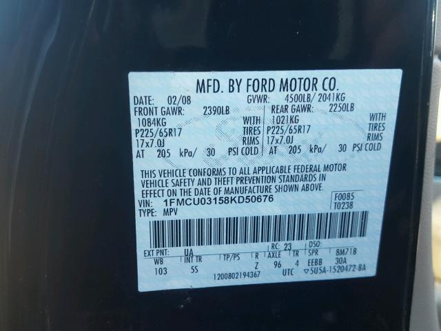 1FMCU03158KD50676 - 2008 FORD ESCAPE XLT BLACK photo 10