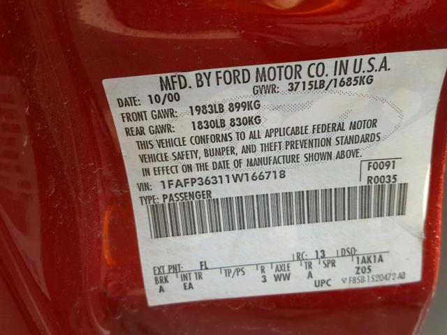 1FAFP36311W166718 - 2001 FORD FOCUS SE RED photo 10