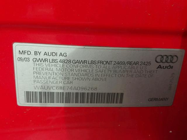 WAUVC68E74A096268 - 2004 AUDI A4 1.8T AV RED photo 10