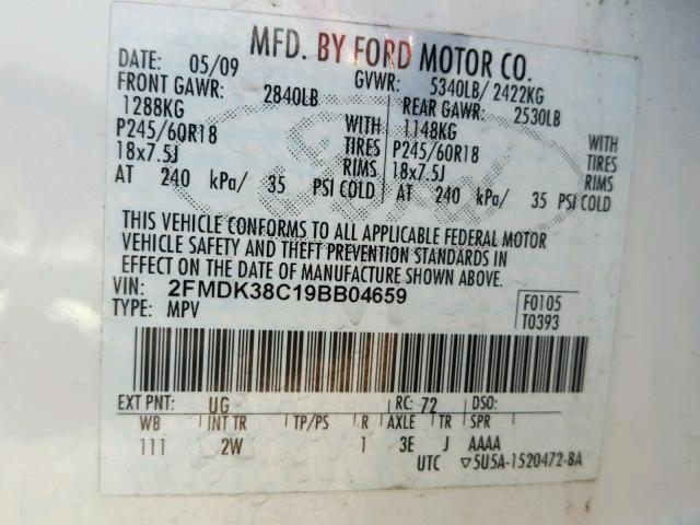 2FMDK38C19BB04659 - 2009 FORD EDGE SEL WHITE photo 10